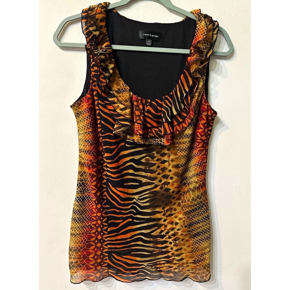 Cable & Gauge Size 10 Mixed Animal Print Ruffle Neck Sleeveless Lined Tank Top